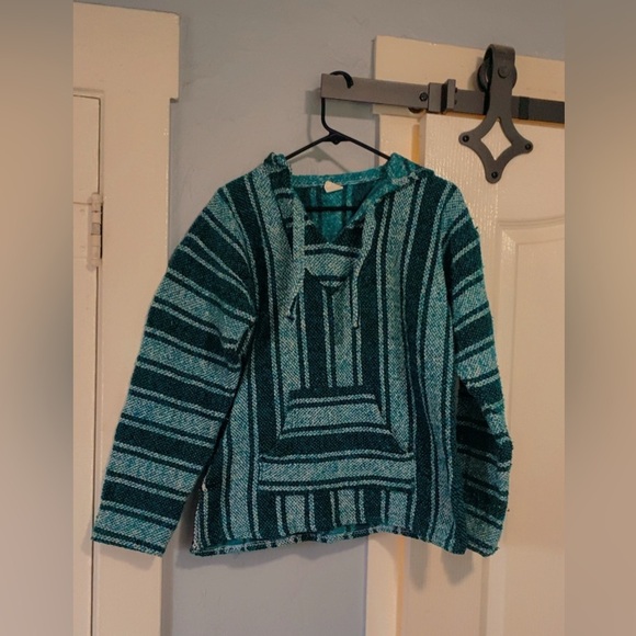 Sweaters - Blue Vertical Striped Sweater with V-neck beach bum boho